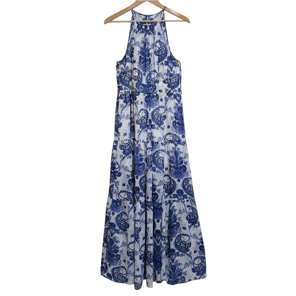 Bisou Bisou Blue Chiffon Paisley Sleeveless Maxi Halter Dress Sz 10 Keyhole Slit